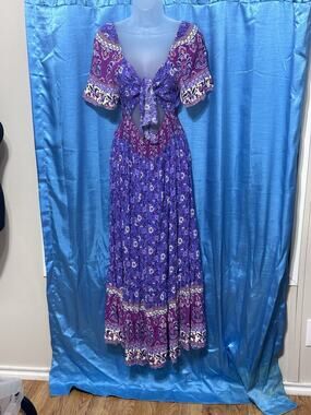 RustyDusty Purple Floral Print Maxi Dress Tie Bust Sz Women’s Lg Resort Beach